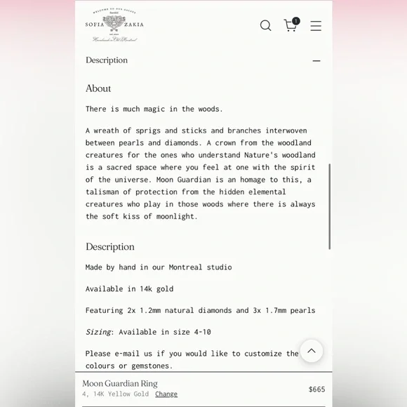 Sofia Zakia 14K Rose Gold Moon Guardian Diamond Pearl Ring Sz 8.5 - Picture 5 of 5